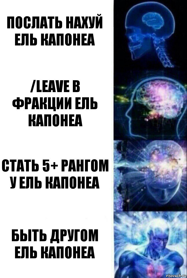 Послать нахуй Ель Капонеа /leave в фракции Ель Капонеа Стать 5+ рангом у Ель Капонеа Быть другом Ель Капонеа, Комикс  Сверхразум