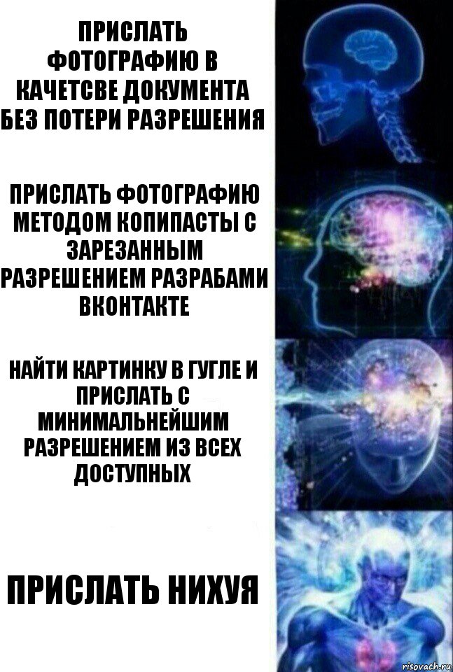 Прислать фотографию в качетсве документа без потери разрешения Прислать фотографию методом копипасты с зарезанным разрешением разрабами вконтакте Найти картинку в гугле и прислать с минимальнейшим разрешением из всех доступных Прислать нихуя, Комикс  Сверхразум