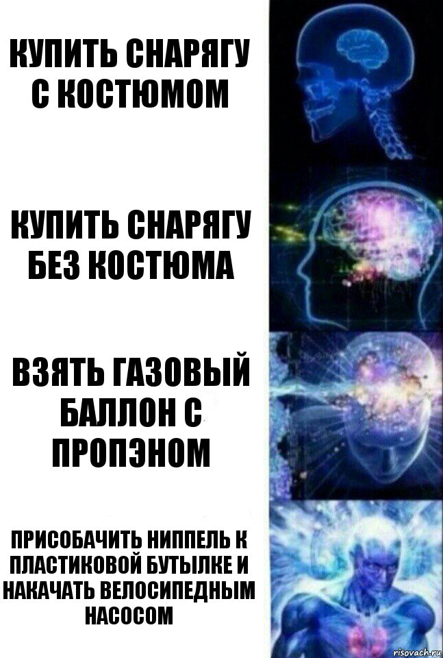 Купить снарягу с костюмом Купить снарягу без костюма Взять газовый баллон с пропэном Присобачить ниппель к пластиковой бутылке и накачать велосипедным насосом, Комикс  Сверхразум