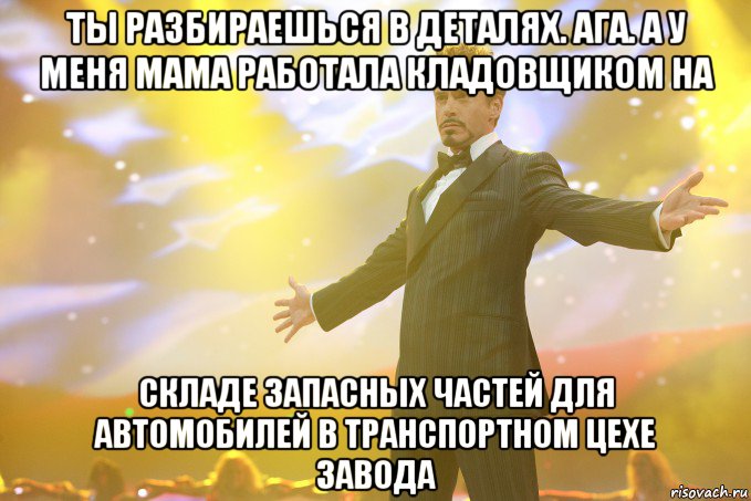 ты разбираешься в деталях. ага. а у меня мама работала кладовщиком на складе запасных частей для автомобилей в транспортном цехе завода, Мем Тони Старк (Роберт Дауни младший)