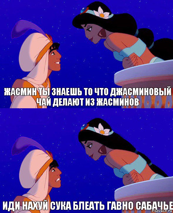 Жасмин ты знаешь то что джасминовый чай делают из жасминов Иди нахуй сука блеать гавно сабачье, Комикс  Алладин и Жасмин