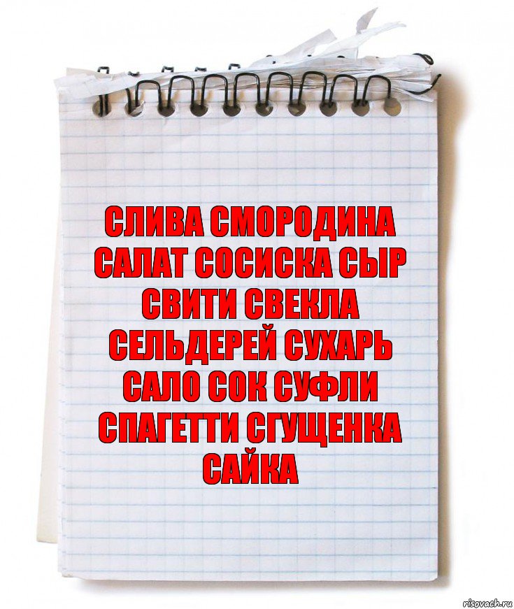 СЛИВА СМОРОДИНА САЛАТ СОСИСКА СЫР СВИТИ СВЕКЛА СЕЛЬДЕРЕЙ СУХАРЬ САЛО СОК СУФЛИ
СПАГЕТТИ СГУЩЕНКА САЙКА, Комикс   блокнот с пружинкой