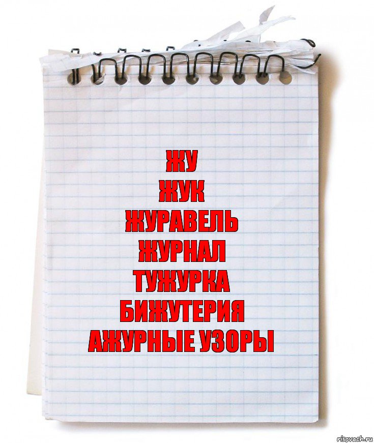 Жу
Жук
Журавель
Журнал
Тужурка
Бижутерия
Ажурные узоры, Комикс   блокнот с пружинкой