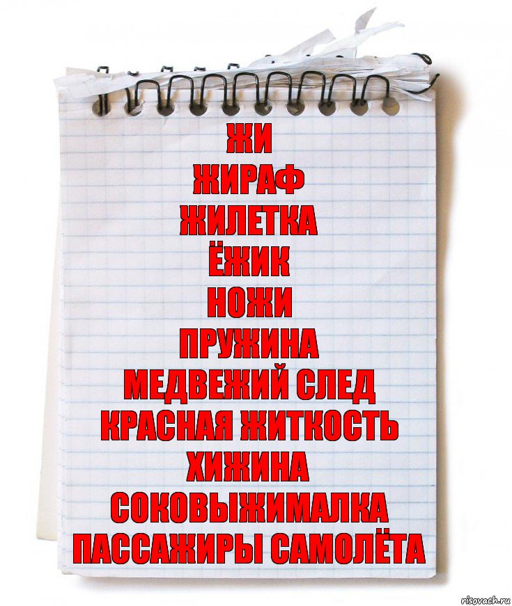 Жи
Жираф
Жилетка
Ёжик
Ножи
Пружина
Медвежий след
Красная житкость
Хижина
Соковыжималка
Пассажиры самолёта, Комикс   блокнот с пружинкой