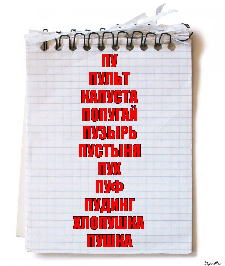 Пу
Пульт
Капуста
Попугай
Пузырь
Пустыня
Пух
Пуф
Пудинг
Хлопушка
Пушка, Комикс   блокнот с пружинкой