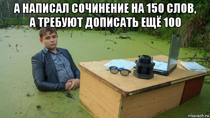 а написал сочинение на 150 слов, а требуют дописать ещё 100 , Мем  Парень сидит в болоте