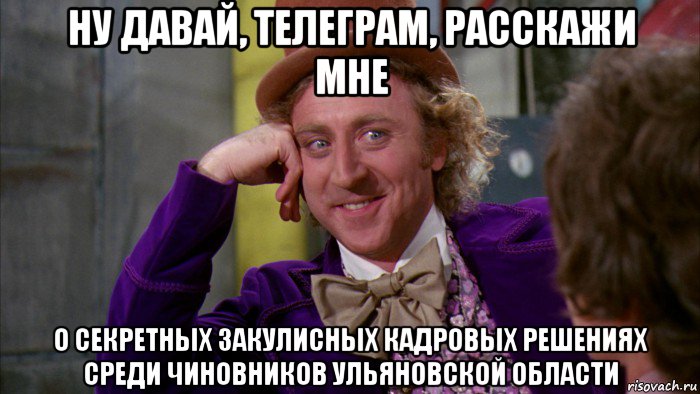 ну давай, телеграм, расскажи мне о секретных закулисных кадровых решениях среди чиновников ульяновской области, Мем Ну давай расскажи (Вилли Вонка)