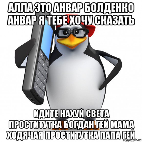 алла это анвар болденко анвар я тебе хочу сказать идите нахуй света проститутка богдан гей мама ходячая проститутка папа гей, Мем   Пингвин звонит