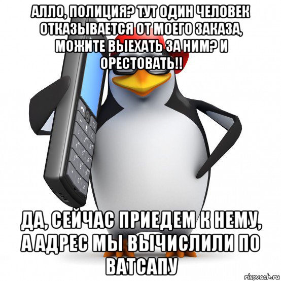 алло, полиция? тут один человек отказывается от моего заказа, можите выехать за ним? и орестовать!! да, сейчас приедем к нему, а адрес мы вычислили по ватсапу, Мем   Пингвин звонит