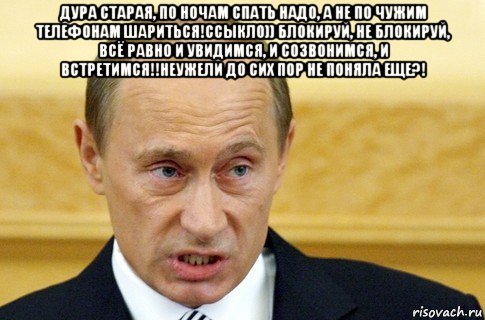 дура старая, по ночам спать надо, а не по чужим телефонам шариться!ссыкло)) блокируй, не блокируй, всё равно и увидимся, и созвонимся, и встретимся!!неужели до сих пор не поняла еще?! , Мем путин