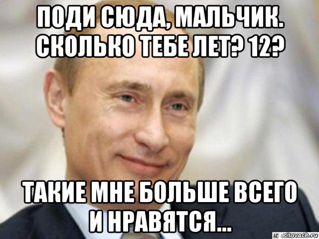 поди сюда, мальчик. сколько тебе лет? 12? такие мне больше всего и нравятся..., Мем Ухмыляющийся Путин