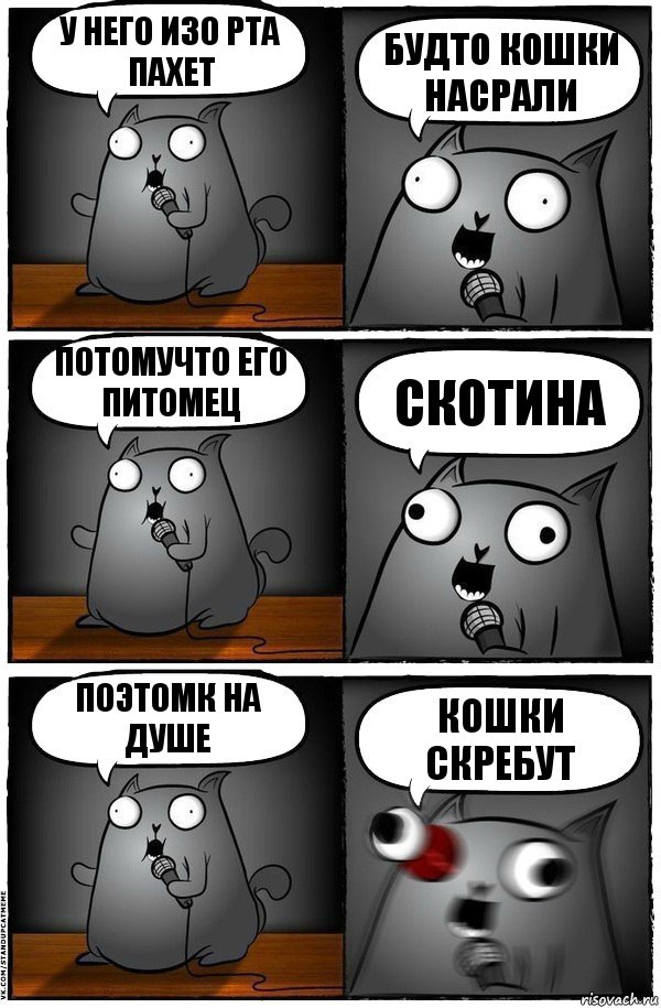 У него изо рта пахет Будто кошки насрали Потомучто его питомец сКотина Поэтомк на душе Кошки скребут, Комикс  Стендап-кот