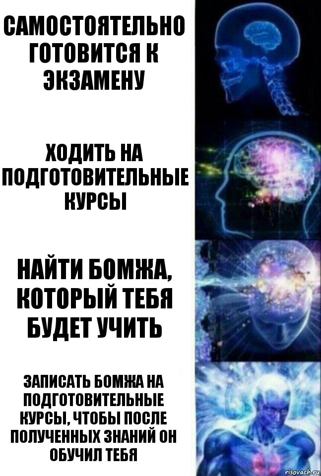 Самостоятельно готовится к экзамену Ходить на подготовительные курсы Найти бомжа, который тебя будет учить Записать бомжа на подготовительные курсы, чтобы после полученных знаний он обучил тебя, Комикс  Сверхразум