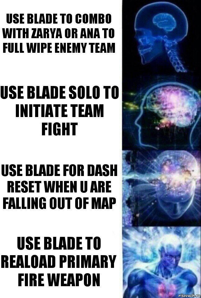 Use blade to combo with zarya or ana to full wipe enemy team Use blade solo to initiate team fight Use blade for dash reset when u are falling out of map Use blade to reaload primary fire weapon, Комикс  Сверхразум