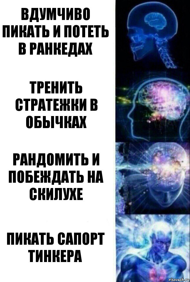 вдумчиво пикать и потеть в ранкедах тренить стратежки в обычках рандомить и побеждать на скилухе пикать сапорт тинкера, Комикс  Сверхразум