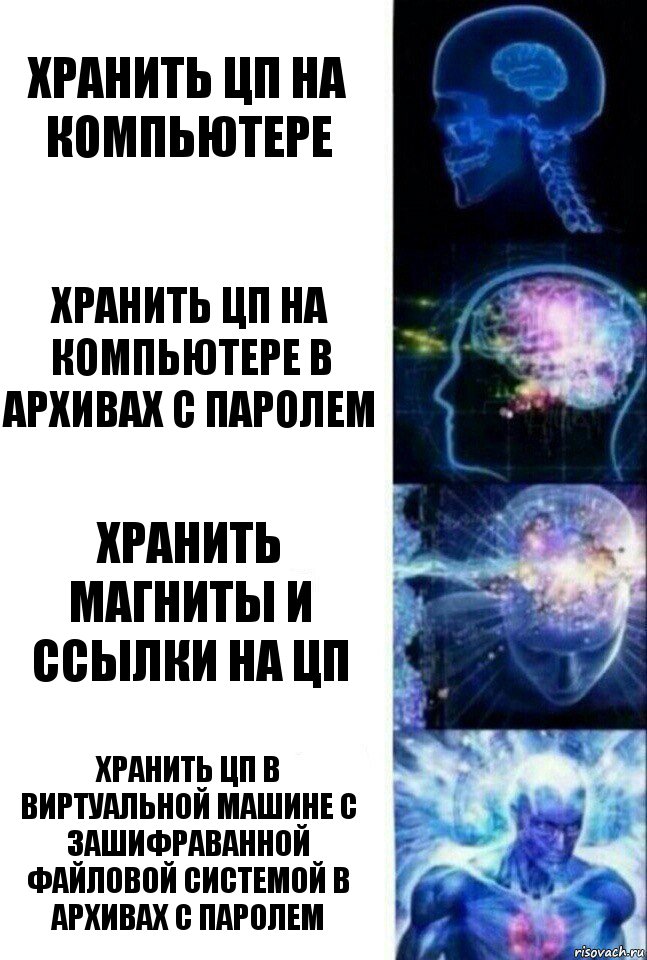 Хранить ЦП на компьютере Хранить ЦП на компьютере в архивах с паролем Хранить магниты и ссылки на ЦП Хранить ЦП в виртуальной машине с зашифраванной файловой системой в архивах с паролем, Комикс  Сверхразум