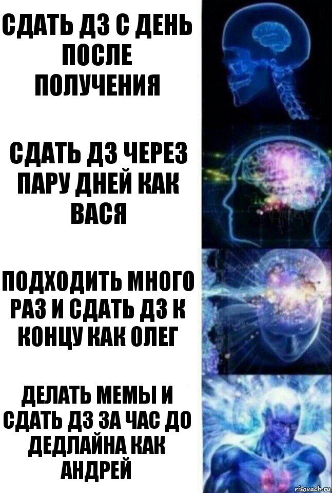 Сдать ДЗ с день после получения Сдать ДЗ через пару дней как Вася Подходить много раз и сдать ДЗ к концу как Олег Делать мемы и сдать ДЗ за час до дедлайна как Андрей, Комикс  Сверхразум