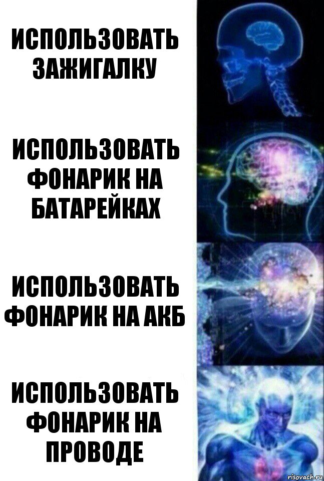 использовать зажигалку использовать фонарик на батарейках использовать фонарик на АКБ использовать фонарик на проводе, Комикс  Сверхразум