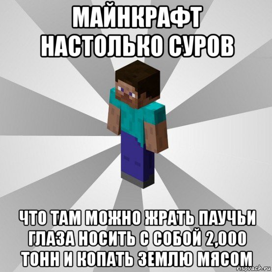 майнкрафт настолько суров что там можно жрать паучьи глаза носить с собой 2,000 тонн и копать землю мясом, Мем Типичный игрок Minecraft