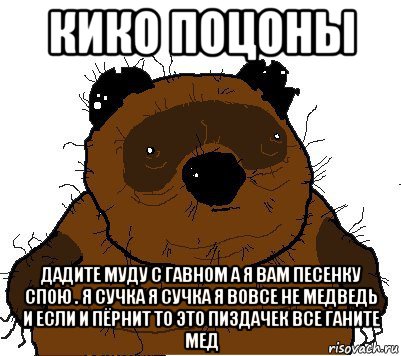 кико поцоны дадите муду с гавном а я вам песенку спою . я сучка я сучка я вовсе не медведь и если и пёрнит то это пиздачек все ганите мед, Мем  Винни збс