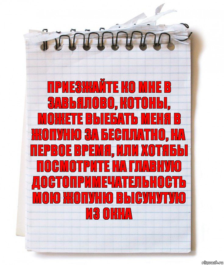 приезжайте ко мне в завьялово, котоны, можете выебать меня в жопуню за бесплатно, на первое время, или хотябы посмотрите на главную достопримечательность мою жопуню высунутую из окна