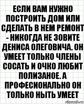 Если вам нужно построить дом или сделать в нем ремонт - никогда не зовите Дениса Олеговича. Он умеет только члены сосать и очко любит полизаное. А професионально он только ныть умеет, Комикс  бумага