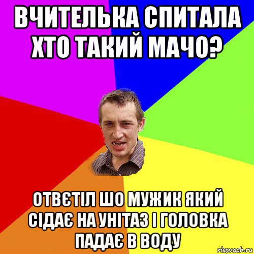 вчителька спитала хто такий мачо? отвєтіл шо мужик який сідає на унітаз і головка падає в воду, Мем Чоткий паца