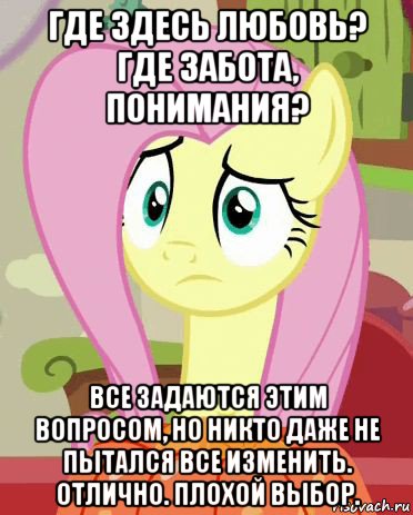 где здесь любовь? где забота, понимания? все задаются этим вопросом, но никто даже не пытался все изменить. отлично. плохой выбор., Мем Флаттершай грустная