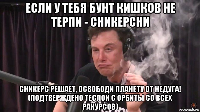 если у тебя бунт кишков не терпи - сникерсни сникерс решает, освободи планету от недуга! (подтверждено теслой с орбиты со всех ракурсов), Мем Илон Маск