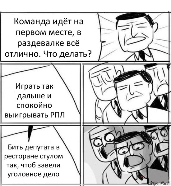 Команда идёт на первом месте, в раздевалке всё отлично. Что делать? Играть так дальше и спокойно выигрывать РПЛ Бить депутата в ресторане стулом так, чтоб завели уголовное дело