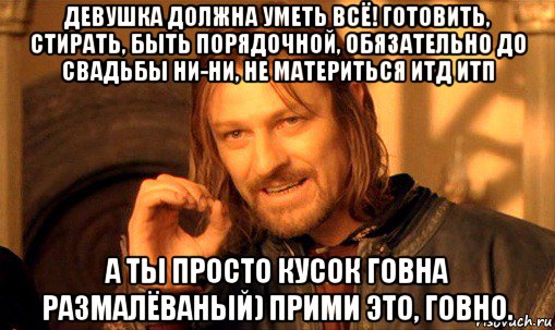 девушка должна уметь всё! готовить, стирать, быть порядочной, обязательно до свадьбы ни-ни, не материться итд итп а ты просто кусок говна размалёваный) прими это, говно., Мем Нельзя просто так взять и (Боромир мем)