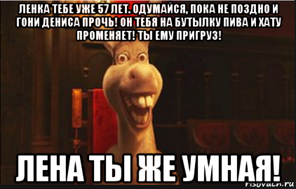 ленка тебе уже 57 лет. одумайся, пока не поздно и гони дениса прочь! он тебя на бутылку пива и хату променяет! ты ему пригруз! лена ты же умная!, Мем Осел из Шрека