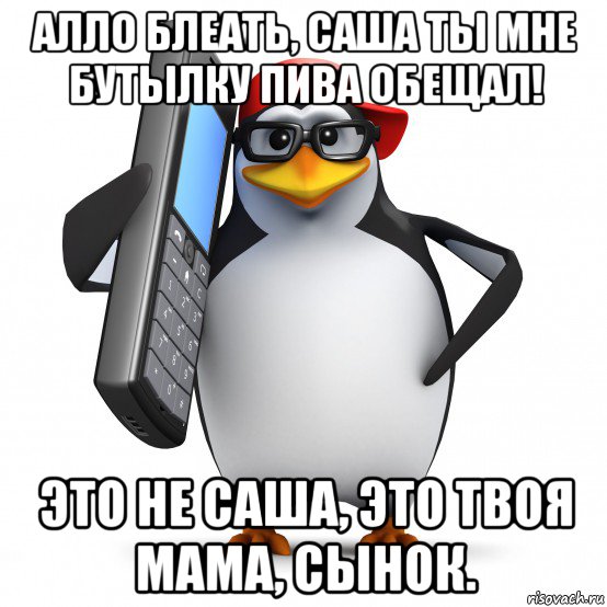 алло блеать, саша ты мне бутылку пива обещал! это не саша, это твоя мама, сынок., Мем   Пингвин звонит