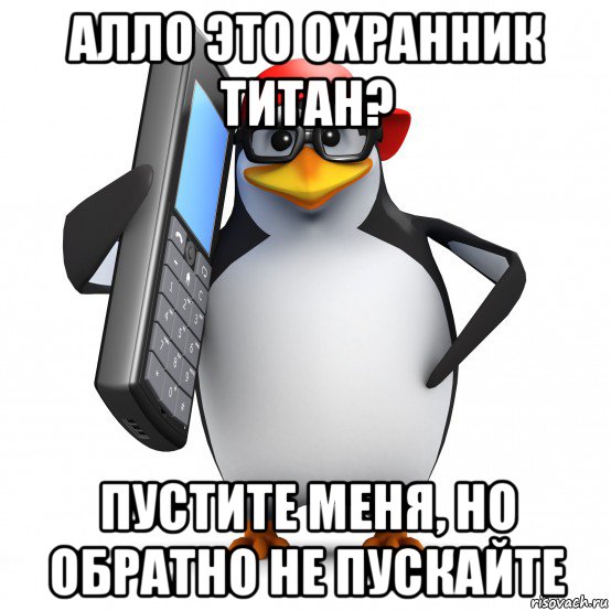 алло это охранник титан? пустите меня, но обратно не пускайте, Мем   Пингвин звонит