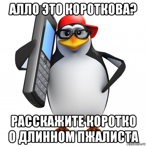 алло это короткова? расскажите коротко о длинном пжалиста, Мем   Пингвин звонит