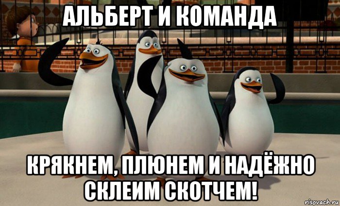 альберт и команда крякнем, плюнем и надёжно склеим скотчем!, Мем  пингвины Мадагаскара