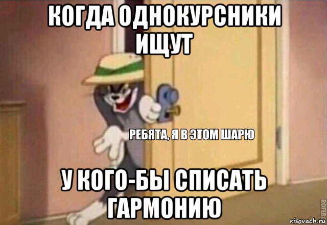 когда однокурсники ищут у кого-бы списать гармонию, Мем    Ребята я в этом шарю