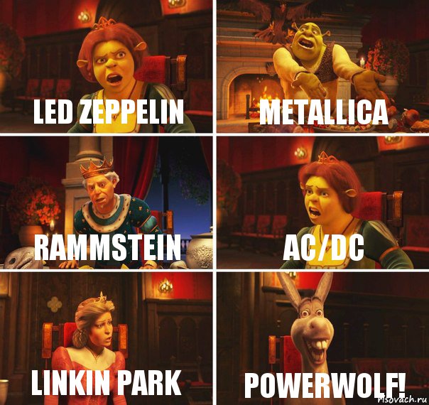 Led Zeppelin Metallica Rammstein AC/DC Linkin Park Powerwolf!, Комикс  Шрек Фиона Гарольд Осел