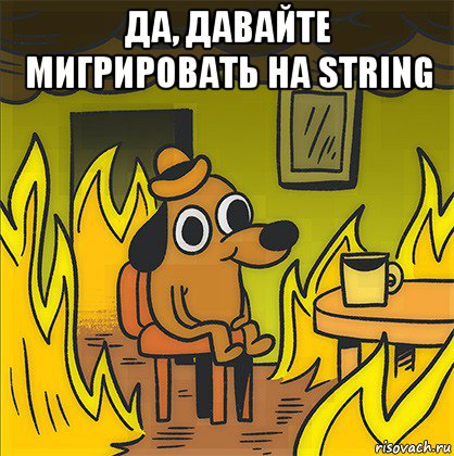 да, давайте мигрировать на string , Мем Собака в огне