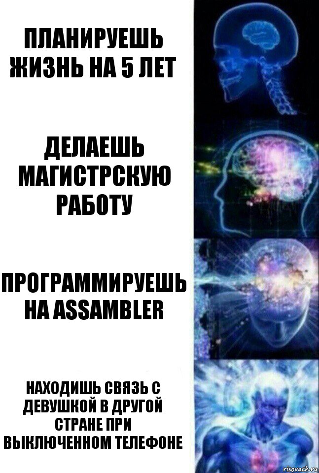 Планируешь жизнь на 5 лет Делаешь магистрскую работу Программируешь на Assambler Находишь связь с девушкой в другой стране при выключенном телефоне, Комикс  Сверхразум