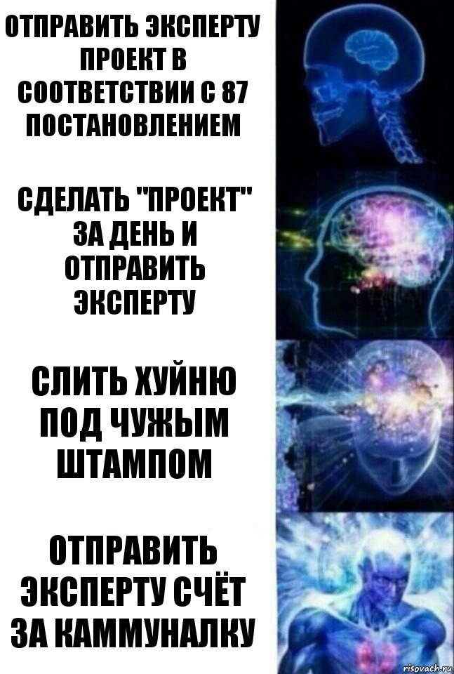 Отправить эксперту проект в соответствии с 87 постановлением Сделать "проект" за день и отправить эксперту Слить хуйню под чужым штампом Отправить эксперту счёт за каммуналку, Комикс  Сверхразум