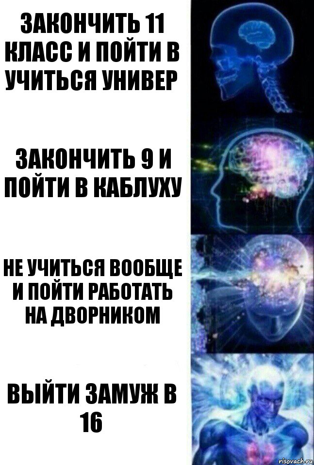 Закончить 11 класс и пойти в учиться универ закончить 9 и пойти в каблуху не учиться вообще и пойти работать на дворником выйти замуж в 16, Комикс  Сверхразум