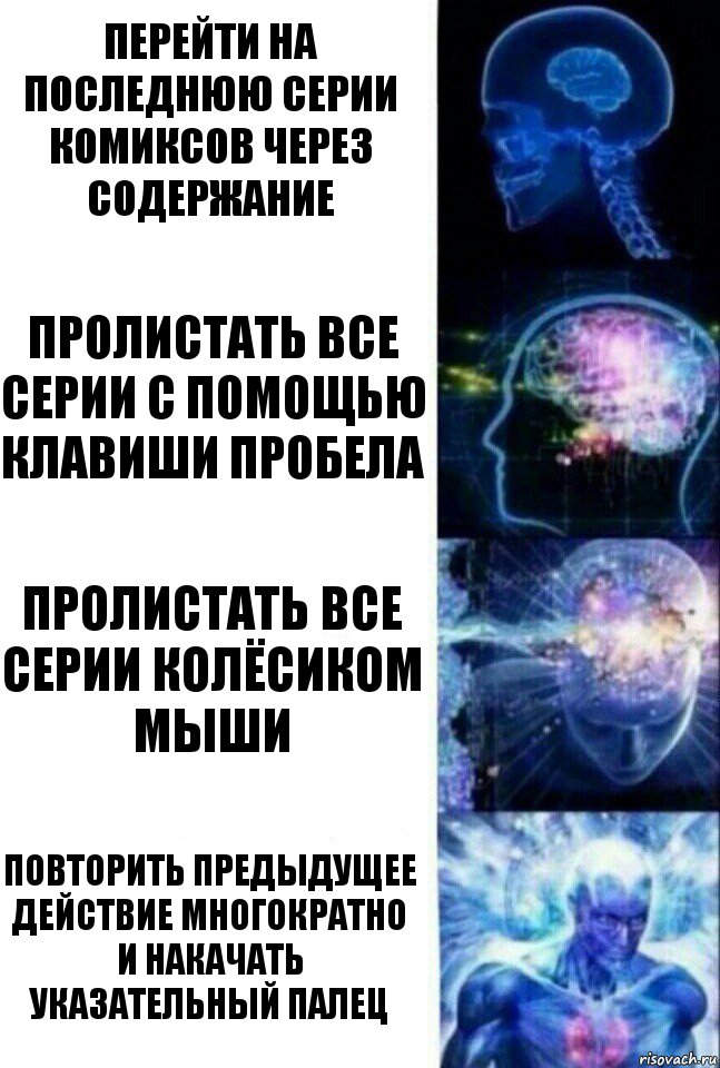 Перейти на последнюю серии комиксов через содержание Пролистать все серии с помощью клавиши пробела Пролистать все серии колёсиком мыши Повторить предыдущее действие многократно и накачать указательный палец, Комикс  Сверхразум