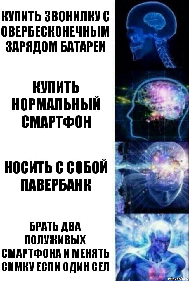 Купить звонилку с овербесконечным зарядом батареи Купить нормальный смартфон носить с собой павербанк брать два полуживых смартфона и менять симку если один сел, Комикс  Сверхразум