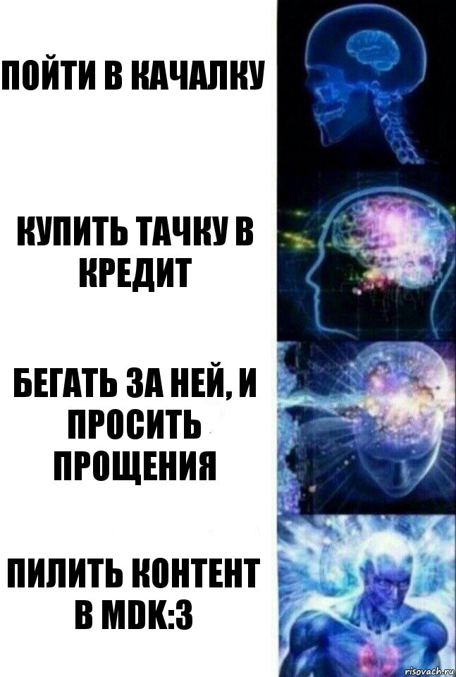 Пойти в качалку Купить тачку в кредит Бегать за ней, и просить прощения Пилить контент в mdk:3, Комикс  Сверхразум