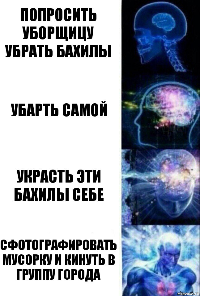 попросить уборщицу убрать бахилы Убарть самой Украсть эти бахилы себе Сфотографировать мусорку и кинуть в группу города, Комикс  Сверхразум