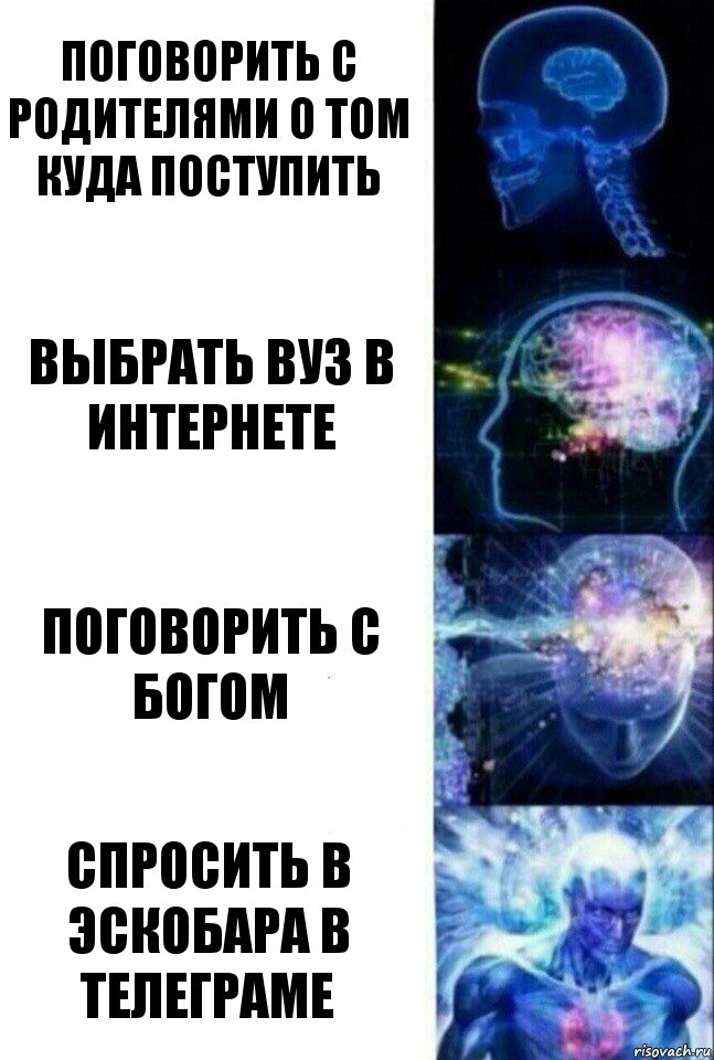 Поговорить с родителями о том куда поступить Выбрать вуз в интернете Поговорить с Богом Спросить в Эскобара в телеграме, Комикс  Сверхразум