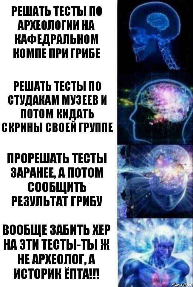 Решать тесты по археологии на кафедральном компе при Грибе Решать тесты по студакам музеев и потом кидать скрины своей группе Прорешать тесты заранее, а потом сообщить результат Грибу Вообще забить хер на эти тесты-ты ж не археолог, а историк ёпта!!!, Комикс  Сверхразум