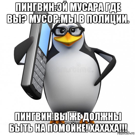 пингвин:эй мусара где вы? мусор:мы в полиции. пингвин:вы же должны быть на помойке! хахаха!!!