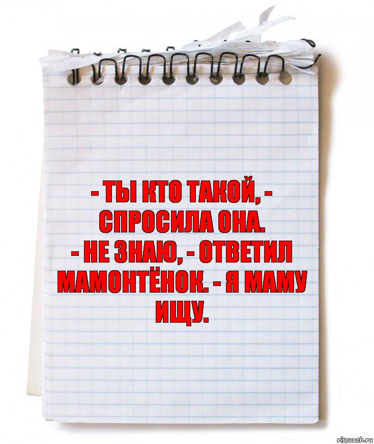 - Ты кто такой, - спросила она.
- Не знаю, - ответил Мамонтёнок. - Я маму ищу., Комикс   блокнот с пружинкой